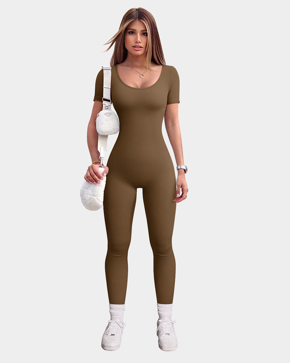 Ribbed Short Sleeve Tops Jumpsuits