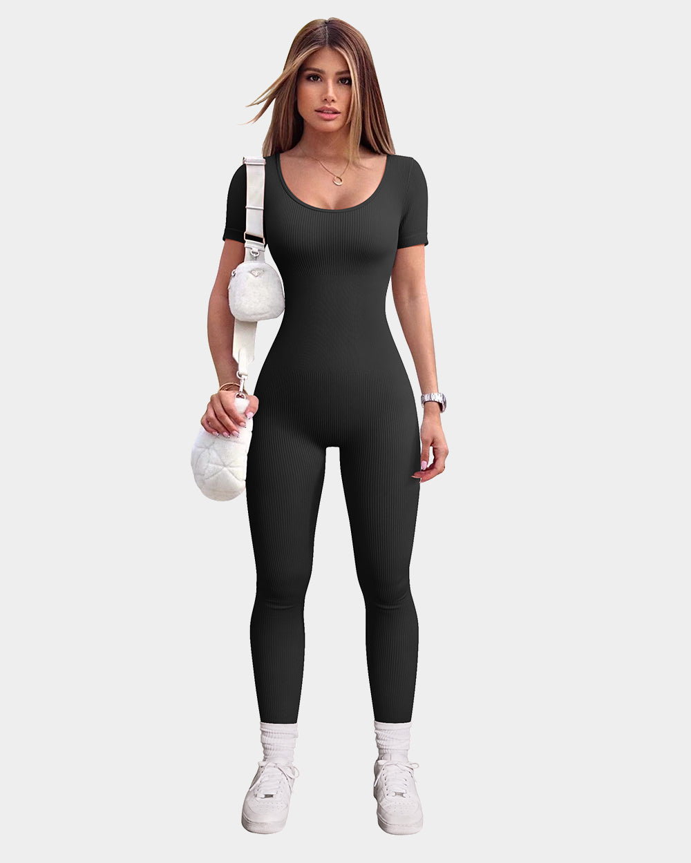 Ribbed Short Sleeve Tops Jumpsuits