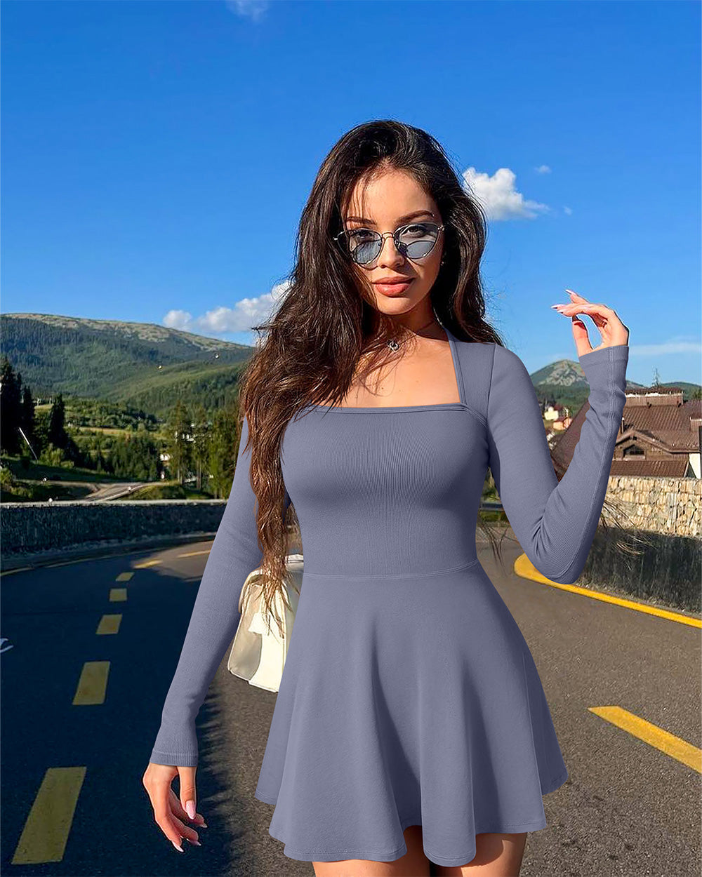 Long Sleeve Square Neck Casual A-Line Mini Dress